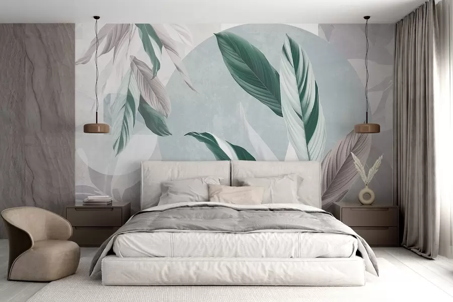 murales Composición geométrica moderna y abstracta de textura con hojas detalladas en tonos verdes, morados claros y blancos w08741v1