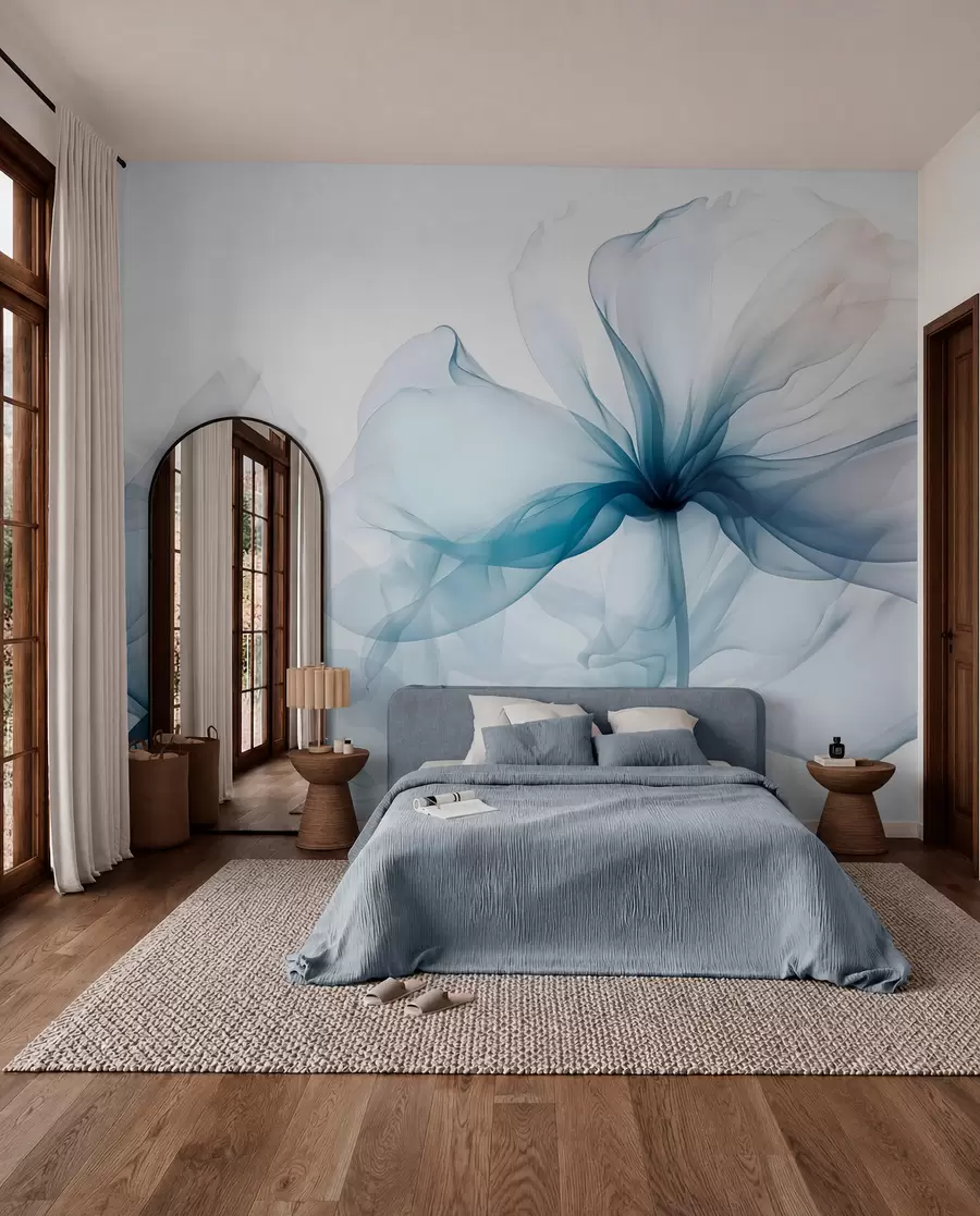 Wall Mural Photo Wallpaper Blue abstract flowers with soft, translucent flowing petals and delicate detailes, against a white background w08742