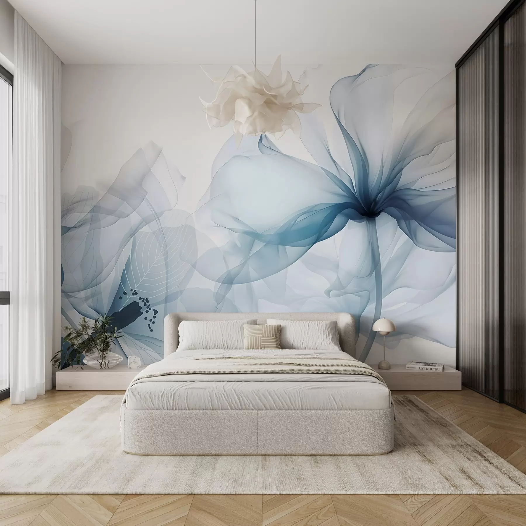 Wall Mural Photo Wallpaper Blue abstract flowers with soft, translucent flowing petals and delicate detailes, against a white background w08742