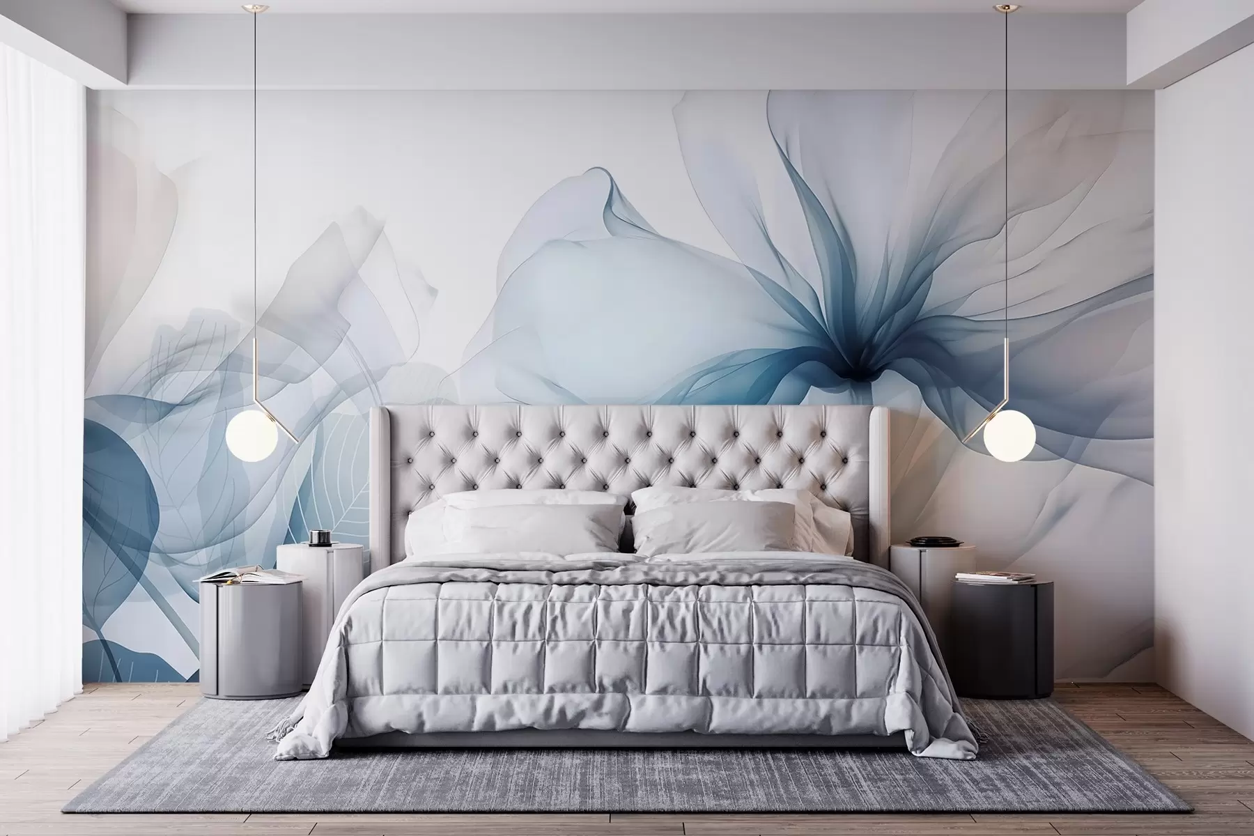 Wall Mural Photo Wallpaper Blue abstract flowers with soft, translucent flowing petals and delicate detailes, against a white background w08742