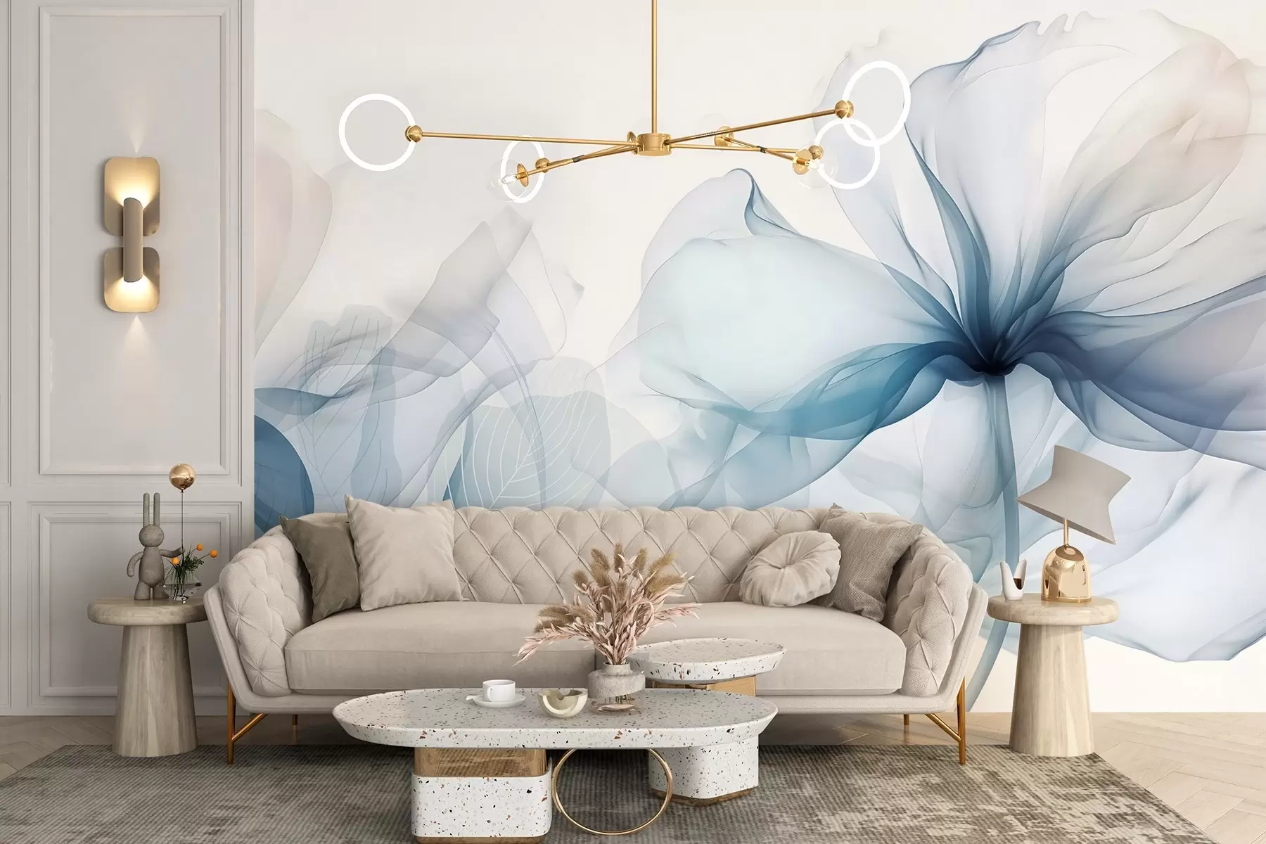 murales Flores abstractas azules con suaves pétalos translúcidos y delicados detalles, sobre fondo blanco w08742