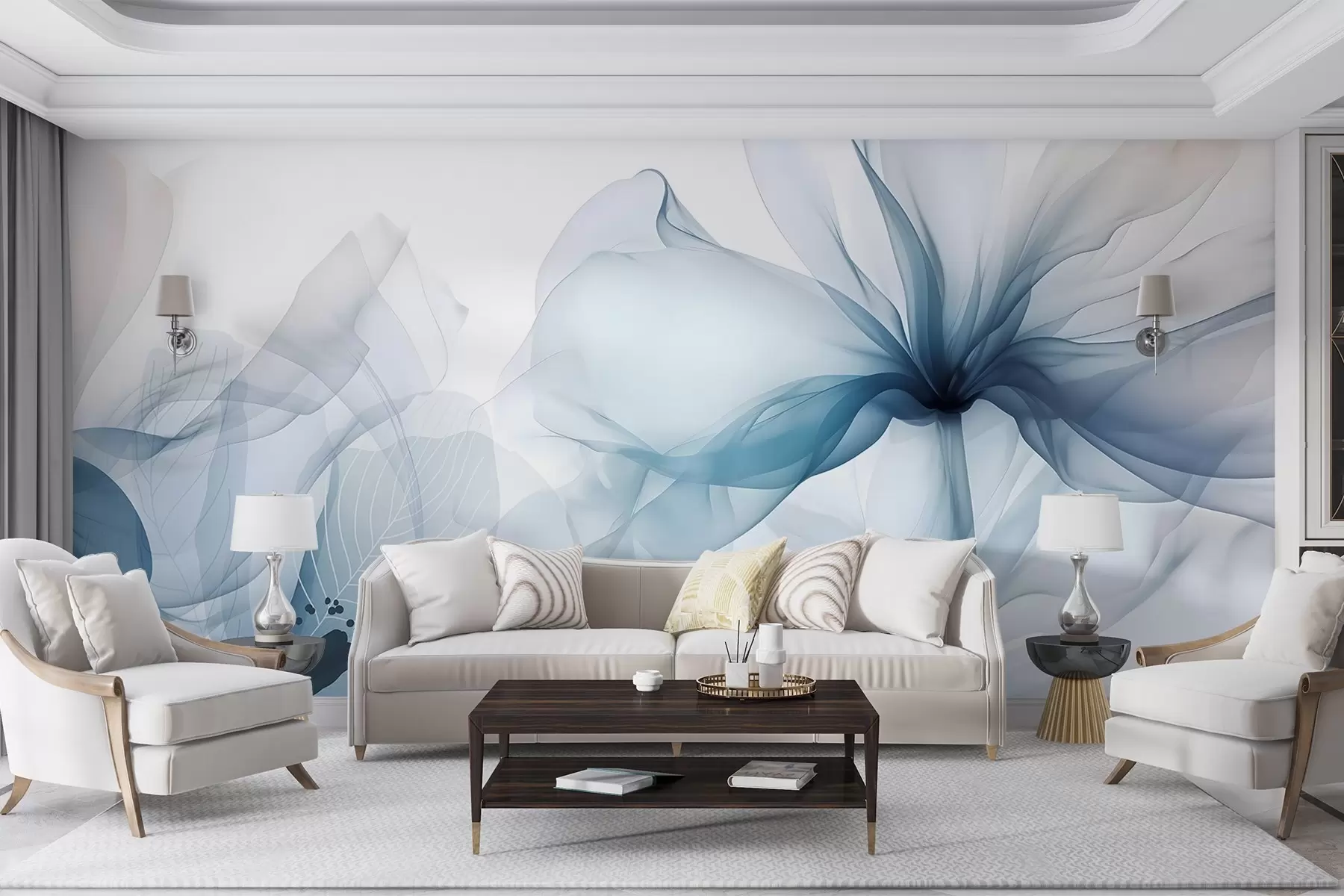 Wall Mural Photo Wallpaper Blue abstract flowers with soft, translucent flowing petals and delicate detailes, against a white background w08742