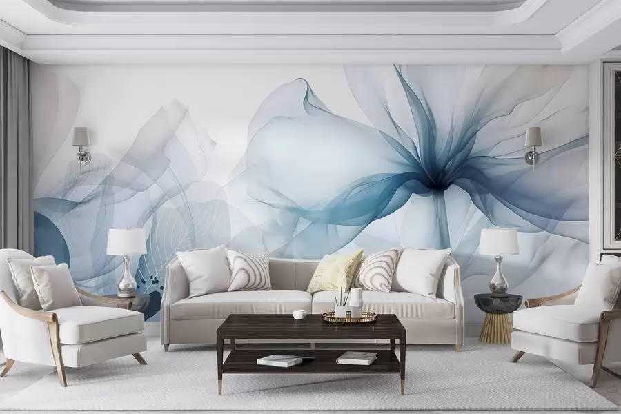 Wall Mural Photo Wallpaper Blue abstract flowers with soft, translucent flowing petals and delicate detailes, against a white background w08742
