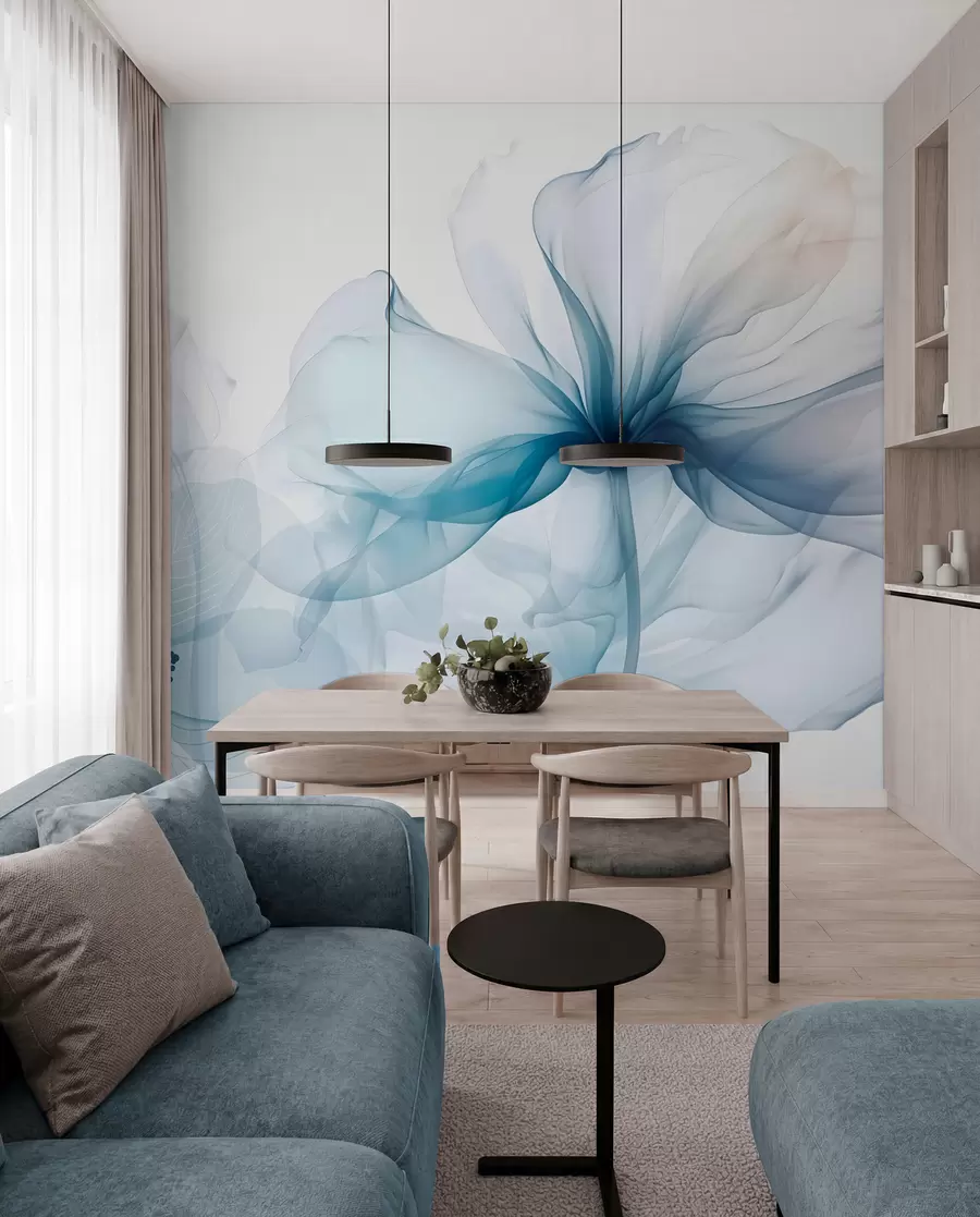 Wall Mural Photo Wallpaper Blue abstract flowers with soft, translucent flowing petals and delicate detailes, against a white background w08742