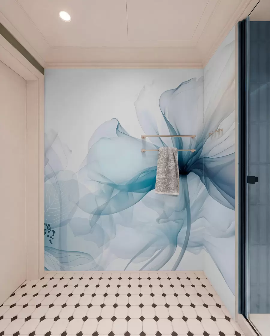 Wall Mural Photo Wallpaper Blue abstract flowers with soft, translucent flowing petals and delicate detailes, against a white background w08742