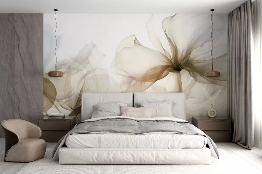 wall murals Brown abstract flowers with soft, translucent flowing petals and delicate detailes, against a white background w08742v1