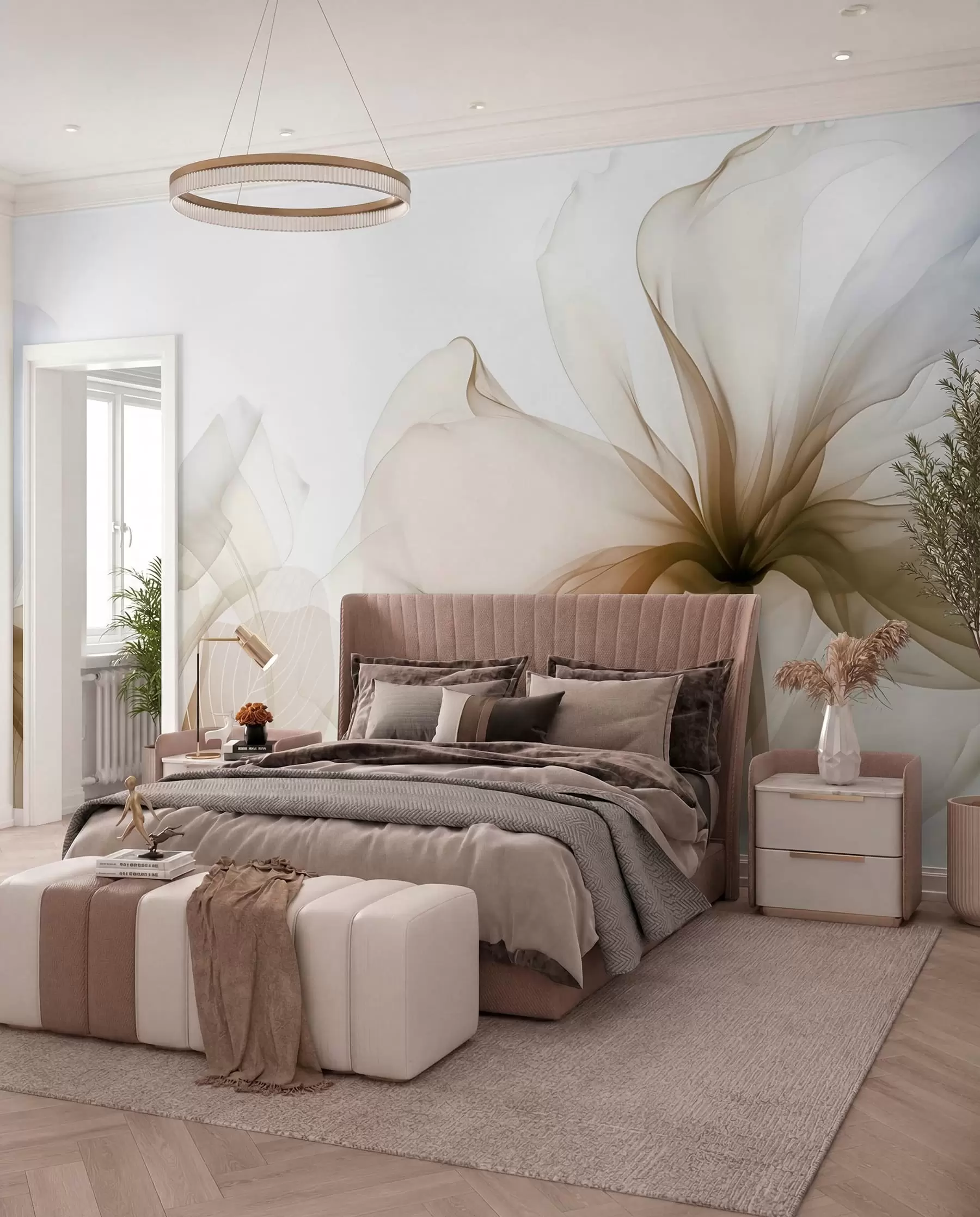 peintures murales Fleurs abstraites brunes aux pétales doux et translucides et aux détails délicats, sur fond blanc w08742v1
