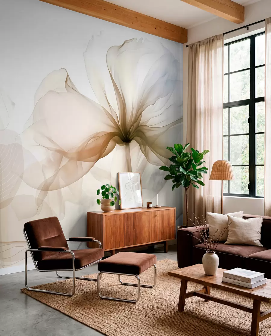 wall murals Brown abstract flowers with soft, translucent flowing petals and delicate detailes, against a white background w08742v1