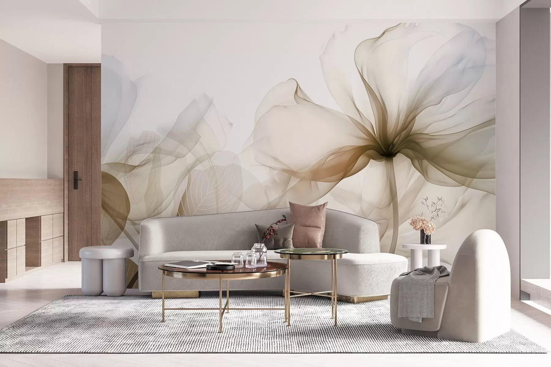 peintures murales Fleurs abstraites brunes aux pétales doux et translucides et aux détails délicats, sur fond blanc w08742v1