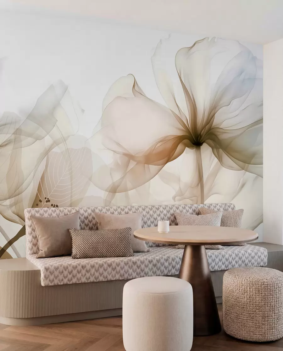 wall murals Brown abstract flowers with soft, translucent flowing petals and delicate detailes, against a white background w08742v1