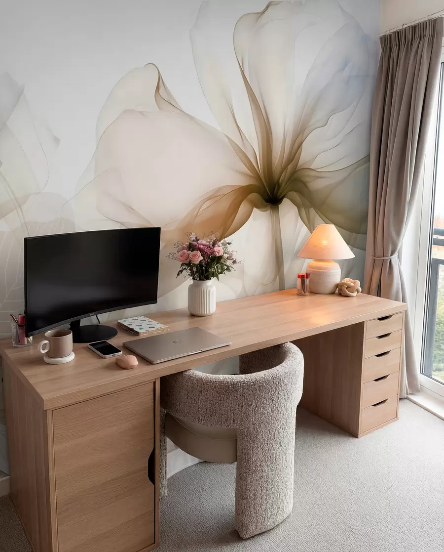 wall murals Brown abstract flowers with soft, translucent flowing petals and delicate detailes, against a white background w08742v1