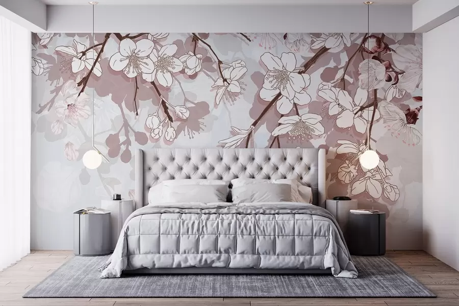 murales Ramas de cerezos en flor con delicadas flores blancas y toques rosas sobre un fondo azul claro w08743