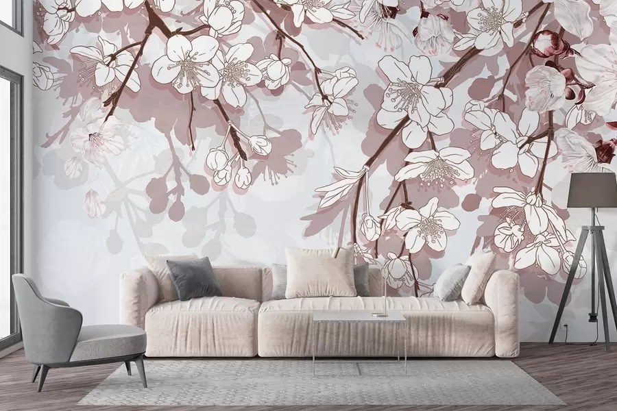 Wall Mural Photo Wallpaper Branches of cherry blossoms with delicate white flowers and pink accents against a light blue background w08743