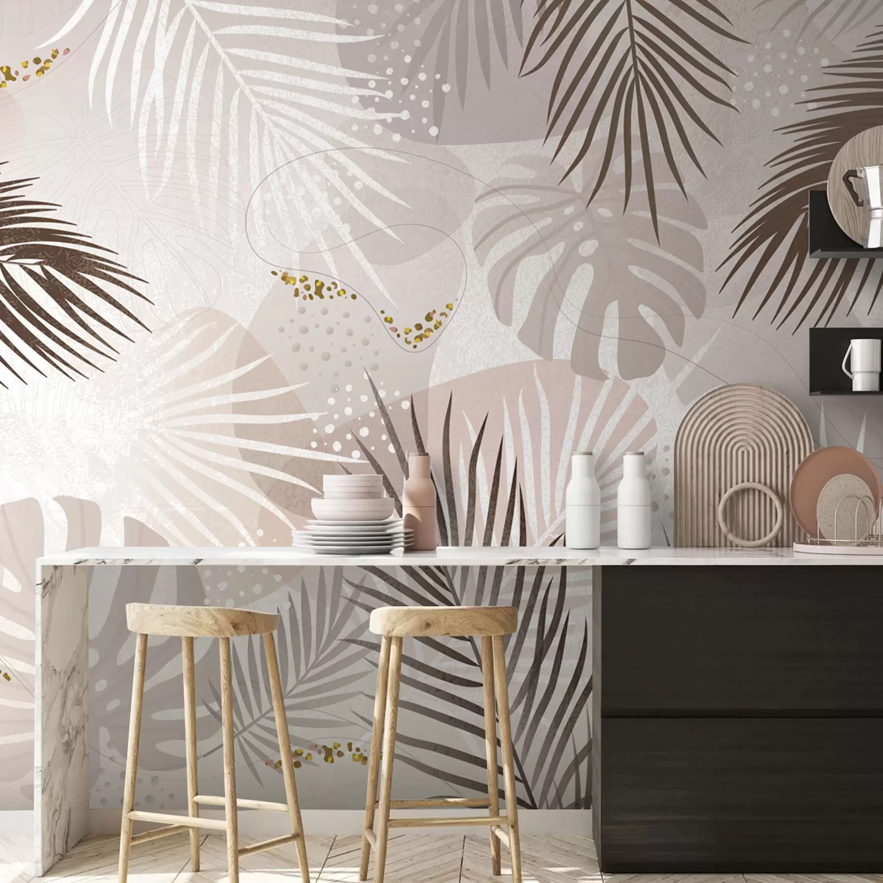 peintures murales Tendance abstraite de feuilles et de lignes tropicales w03060