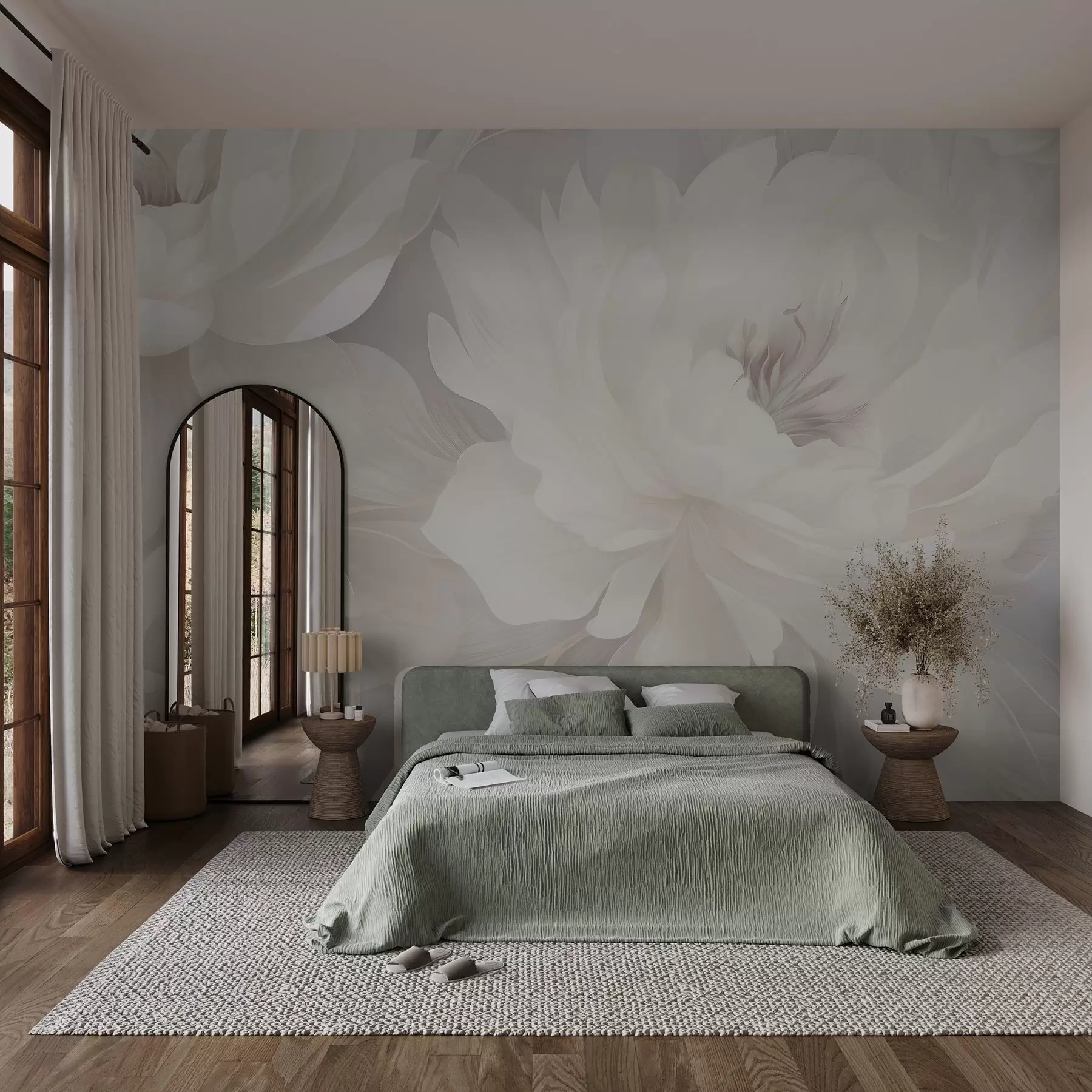 peintures murales Fleurs délicates et volumineuses dans des tons doux de blanc crème sur un fond doux w03045