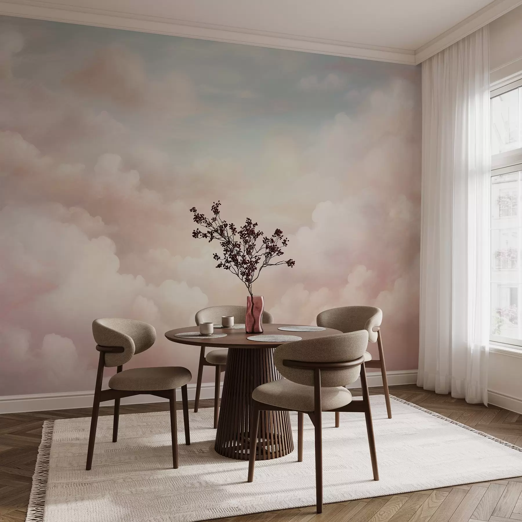 murales Suaves nubes pastel en tonos rosa, crema y azul w03047