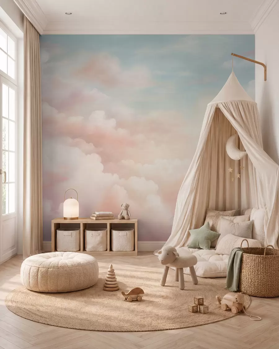 wall murals Soft pastel clouds in shades of pink, cream, and blue w03047