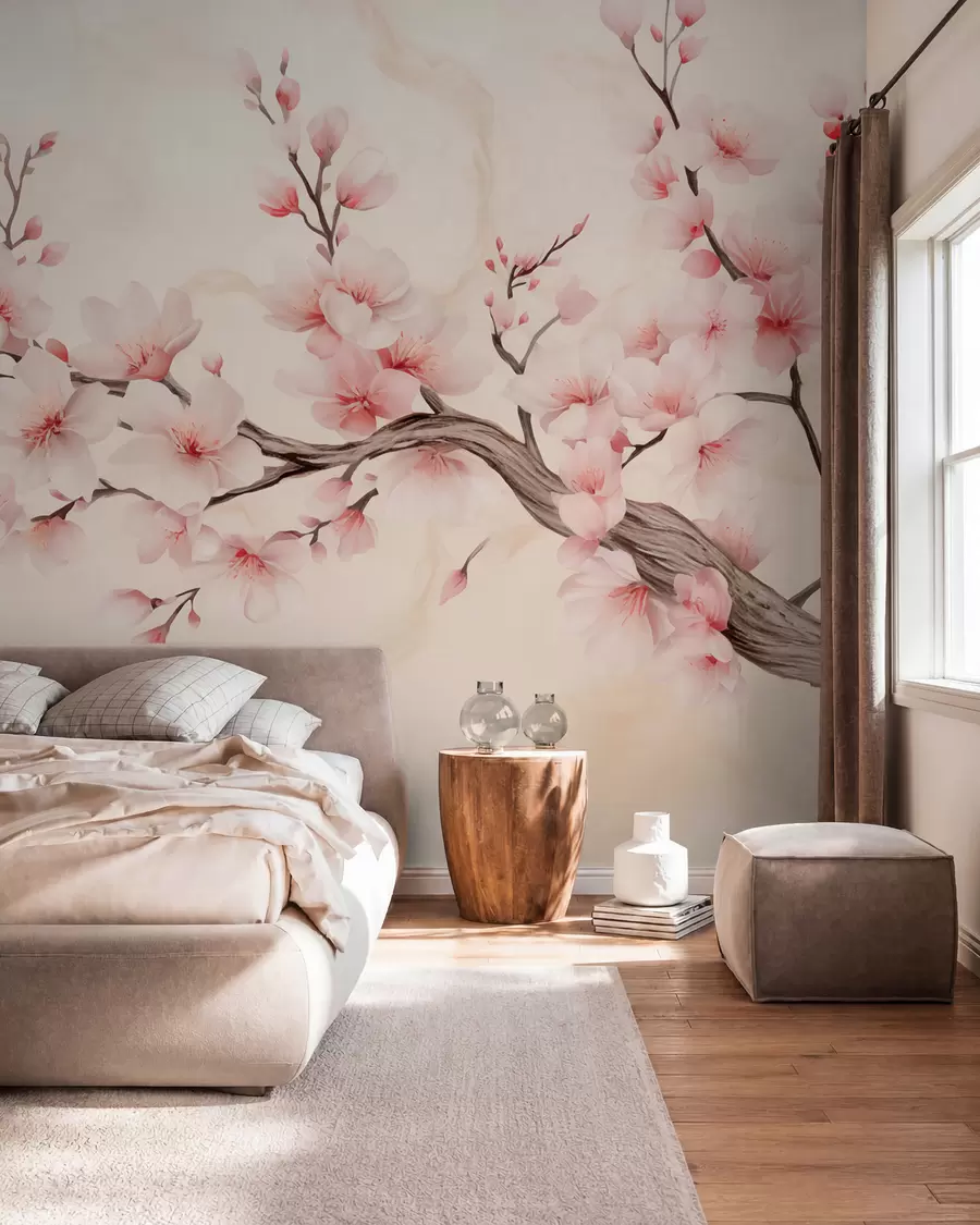 peintures murales Branche de cerisier délicate avec des fleurs rose tendre sur un fond clair w03079