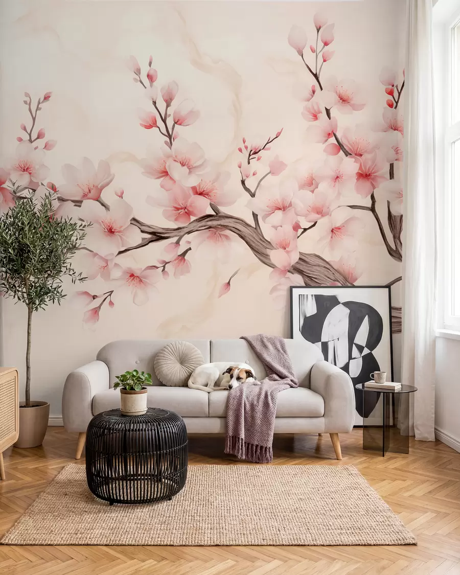 Wall Mural Photo Wallpaper A delicate cherry blossom branch with soft pink flowers on a light background w03079