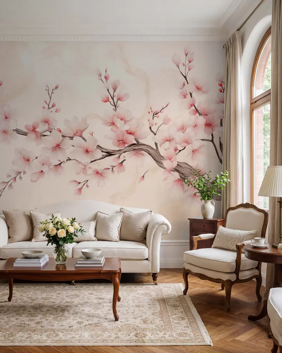 peintures murales Branche de cerisier délicate avec des fleurs rose tendre sur un fond clair w03079