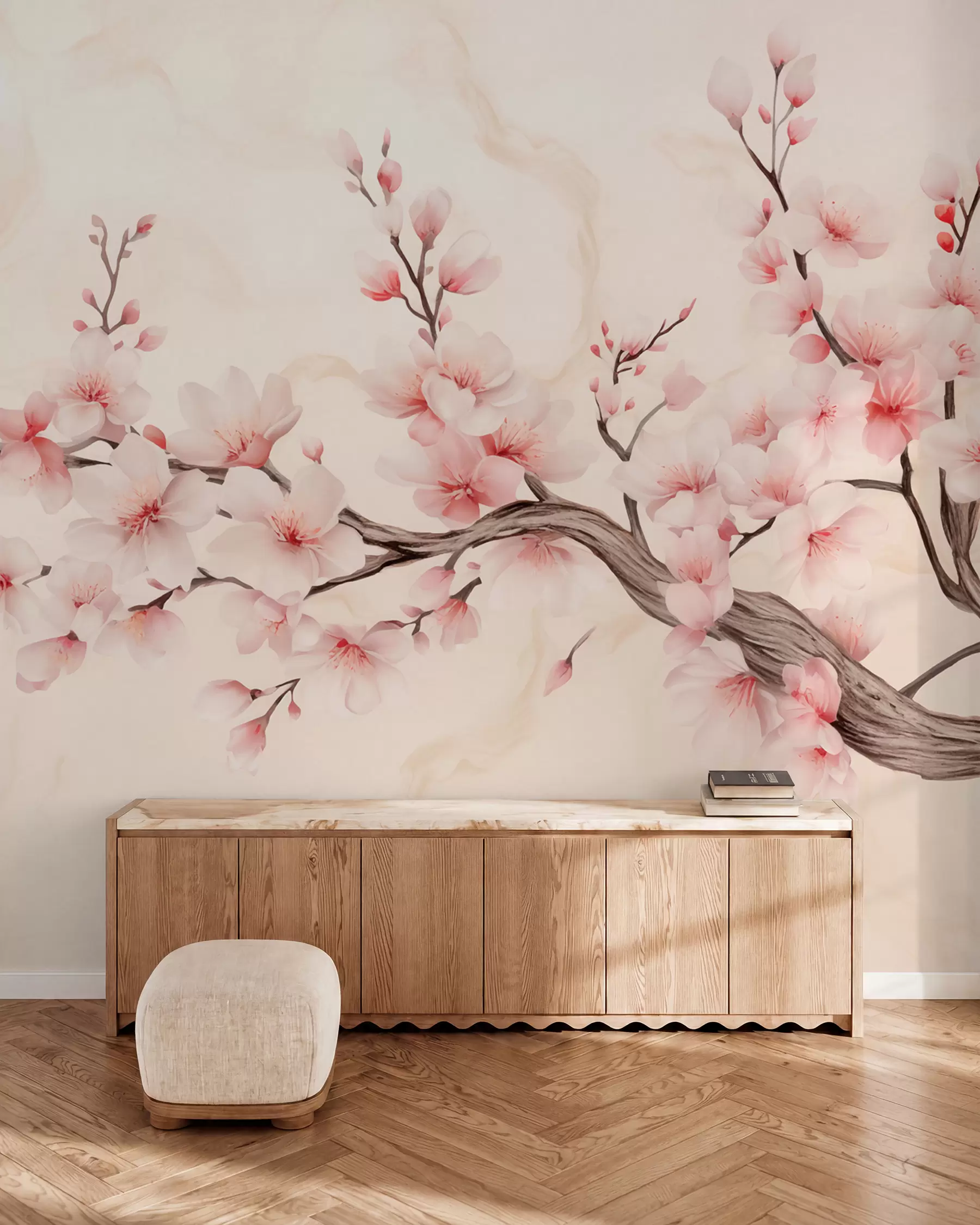 Wall Mural Photo Wallpaper A delicate cherry blossom branch with soft pink flowers on a light background w03079