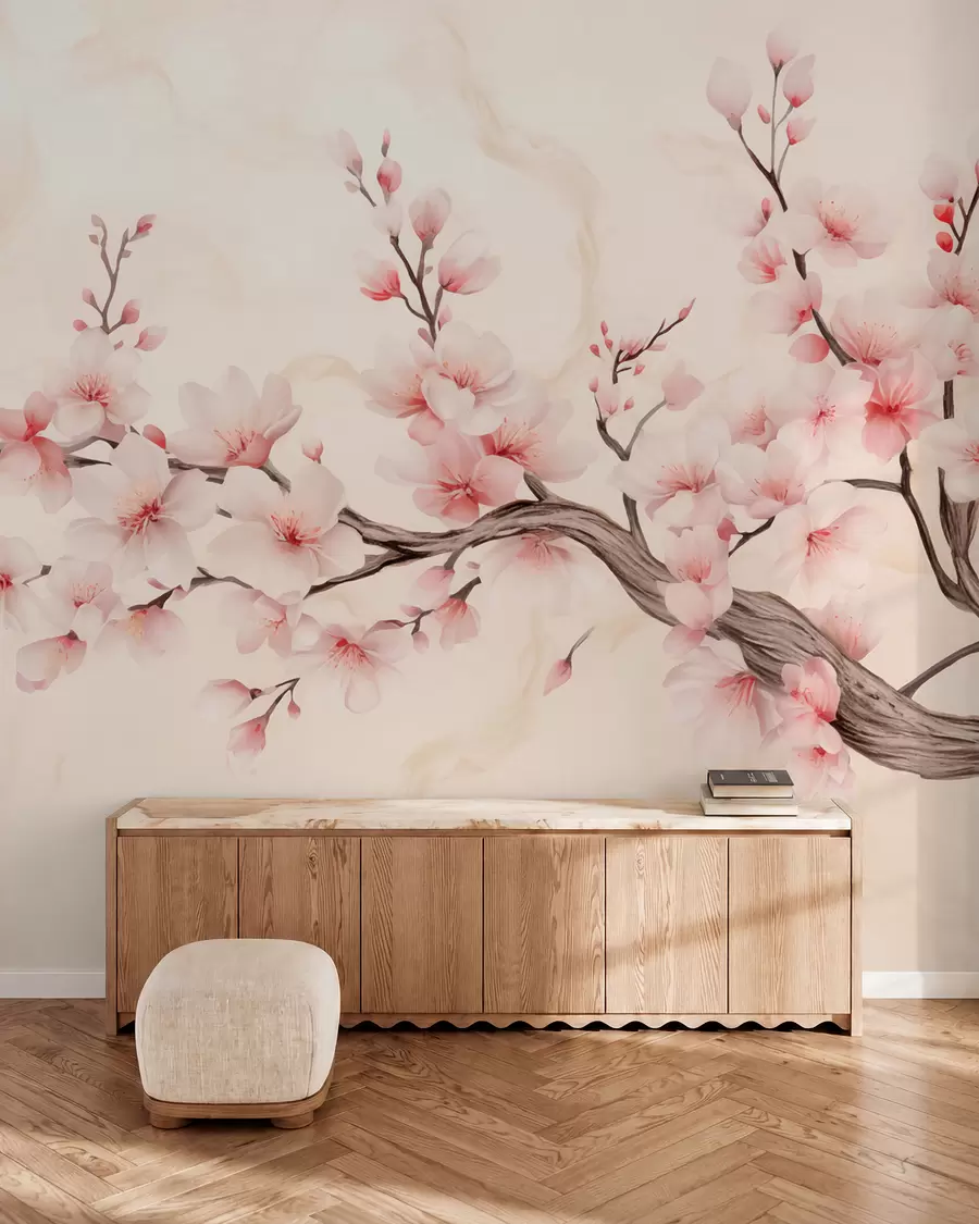 peintures murales Branche de cerisier délicate avec des fleurs rose tendre sur un fond clair w03079