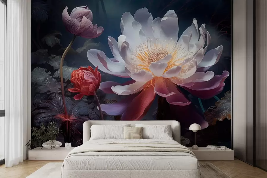 murais de parede Flores fantásticas a desabrochar num ambiente escuro de conto de fadas w08747