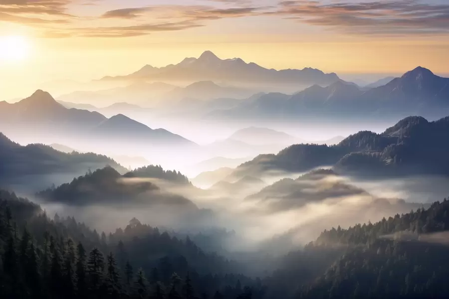 Wall Mural Photo Wallpaper Serene mountain landscape at dawn, with soft mist enveloping the pines w08748