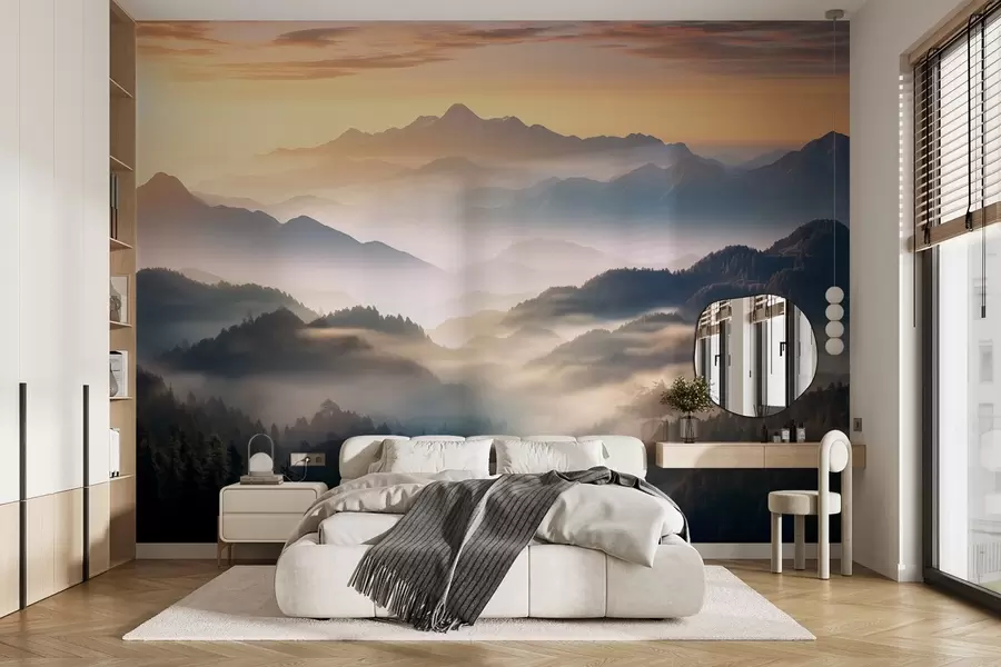 murales Sereno paisaje de montaña al amanecer, con suave bruma envolviendo los pinos w08748