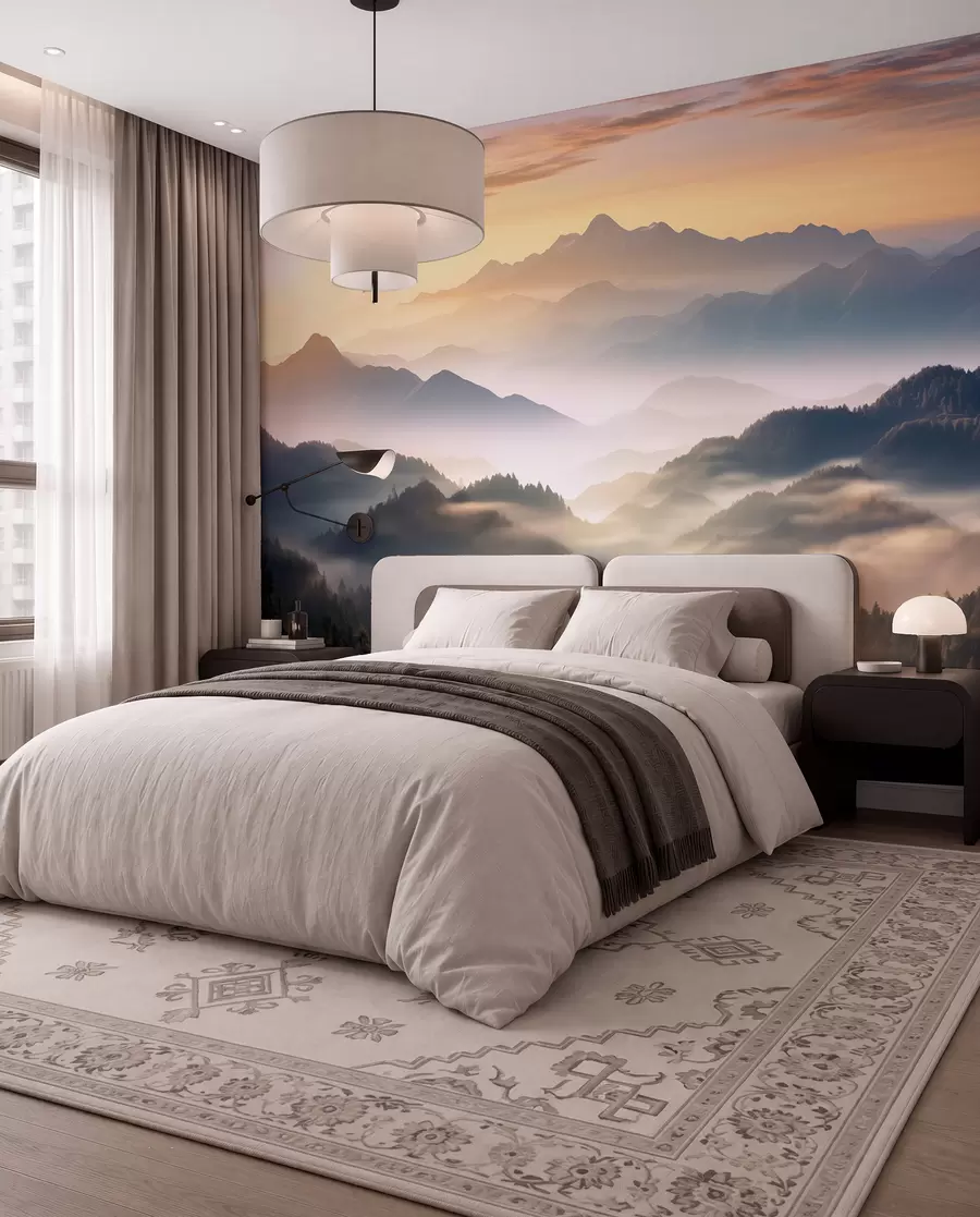 Wall Mural Photo Wallpaper Serene mountain landscape at dawn, with soft mist enveloping the pines w08748