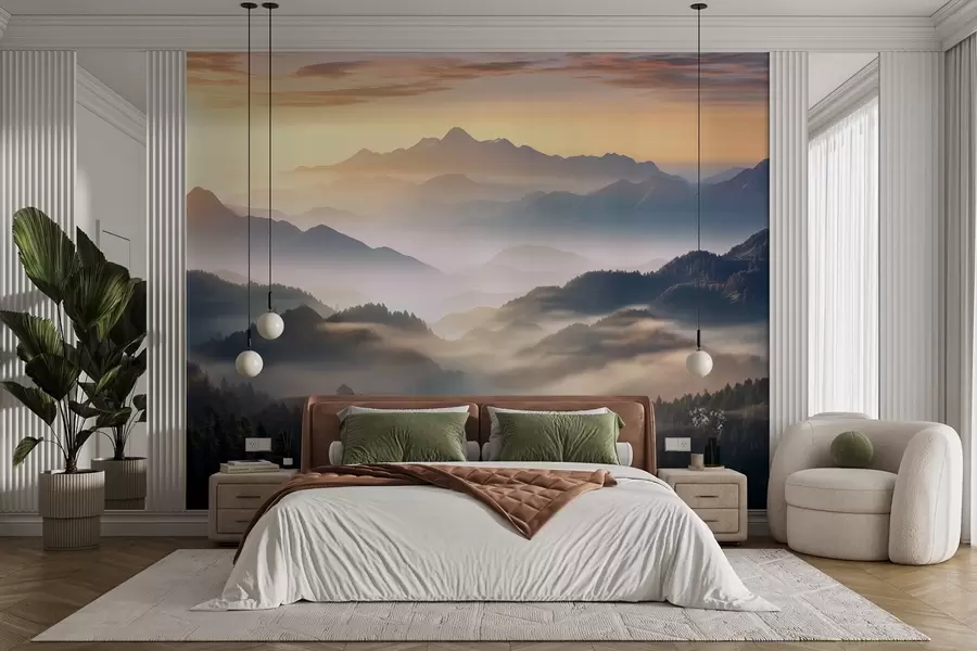 Wall Mural Photo Wallpaper Serene mountain landscape at dawn, with soft mist enveloping the pines w08748