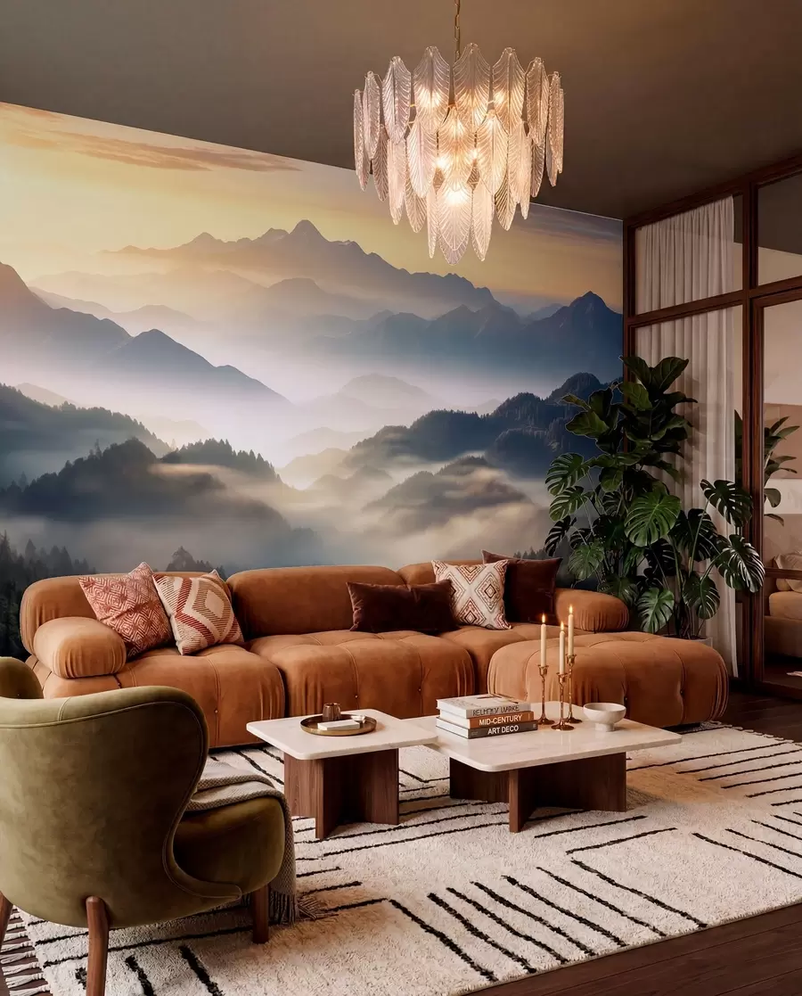 Wall Mural Photo Wallpaper Serene mountain landscape at dawn, with soft mist enveloping the pines w08748