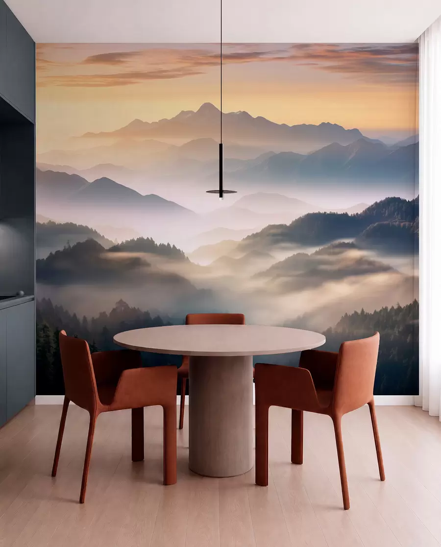 Wall Mural Photo Wallpaper Serene mountain landscape at dawn, with soft mist enveloping the pines w08748