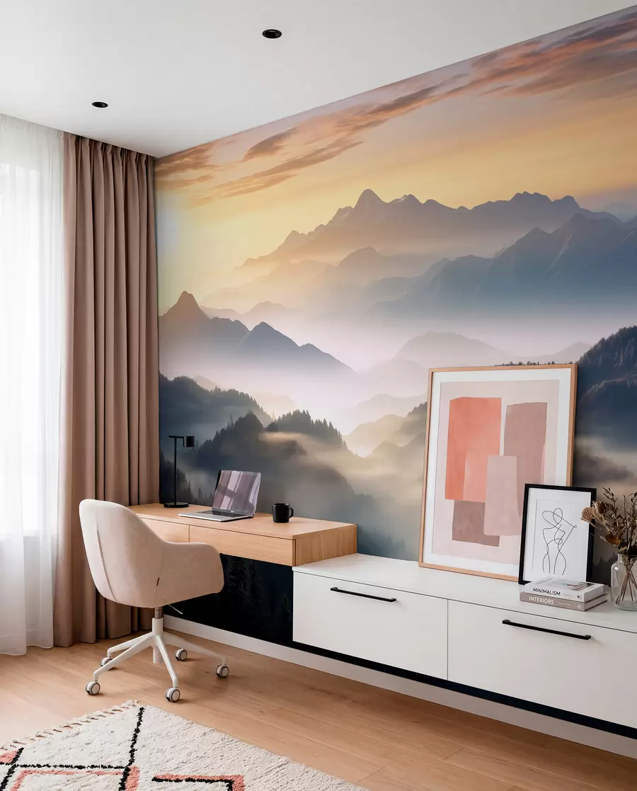 Wall Mural Photo Wallpaper Serene mountain landscape at dawn, with soft mist enveloping the pines w08748