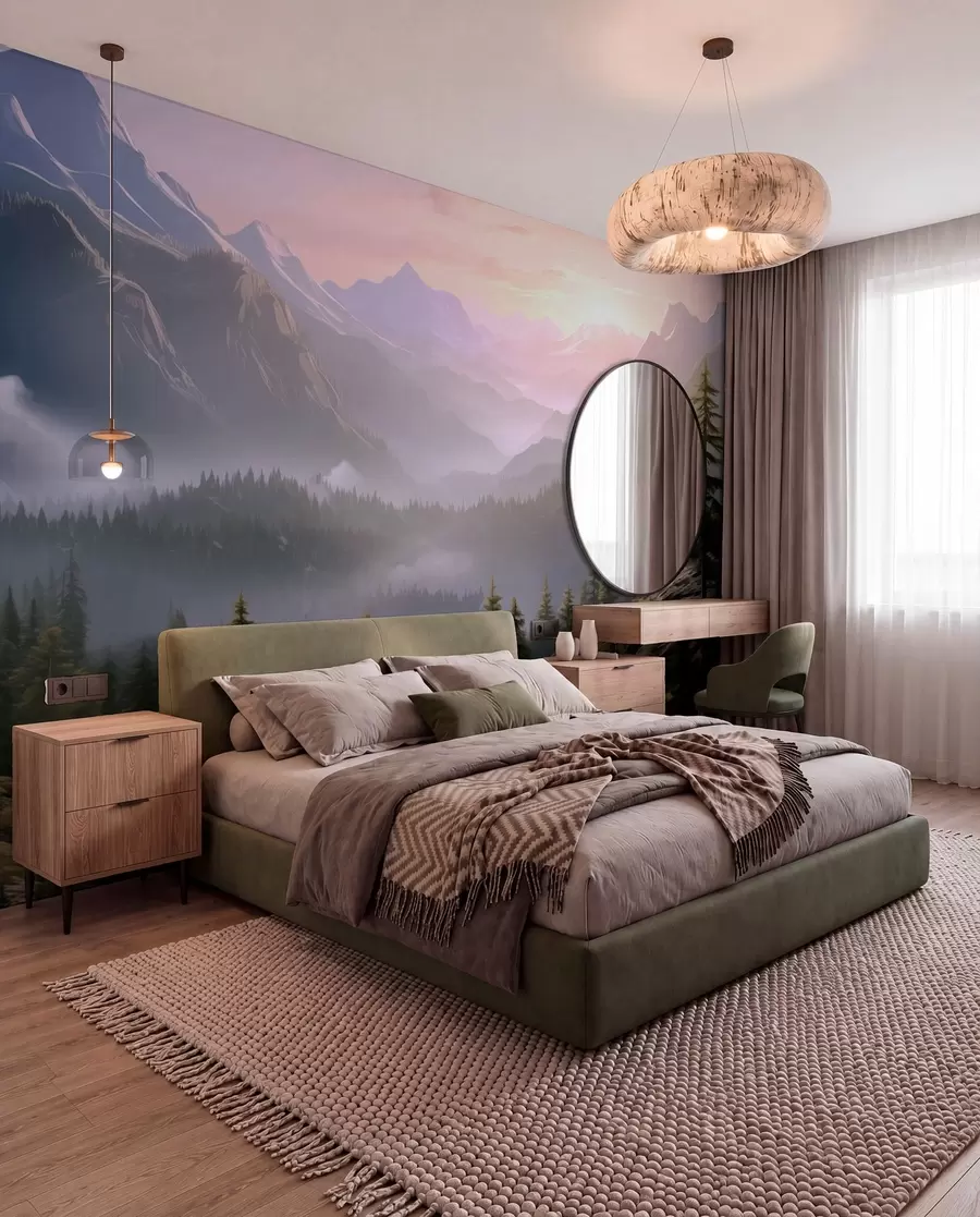 peintures murales Paysage serein de montagne à l'aube avec une douce brume sur fond de forêt w08750