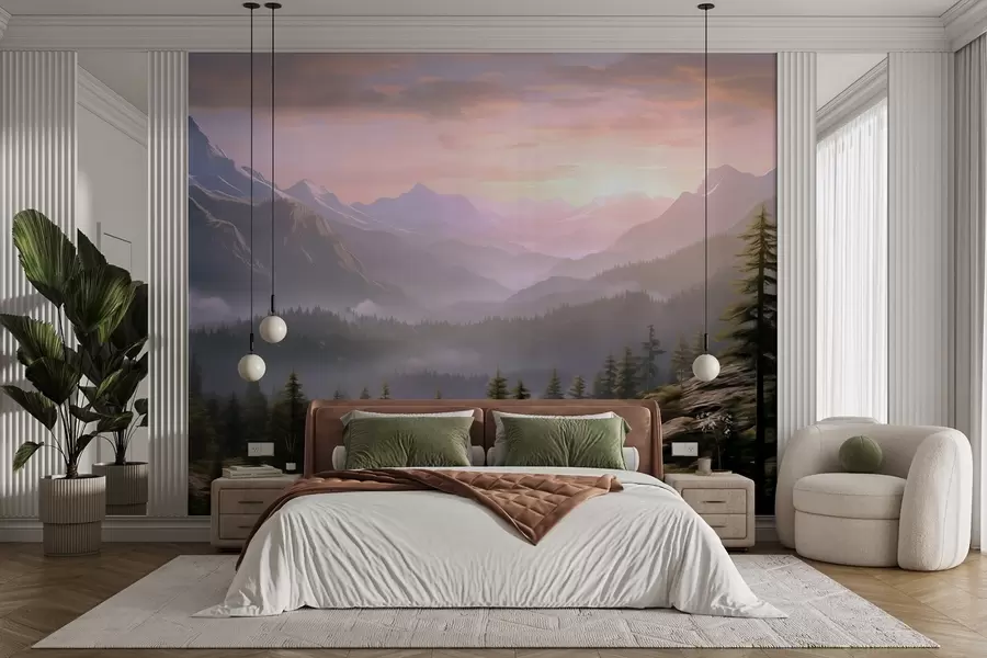Wall Mural Photo Wallpaper Serene mountain landscape at dawn with soft mist against a forest backdrop w08750