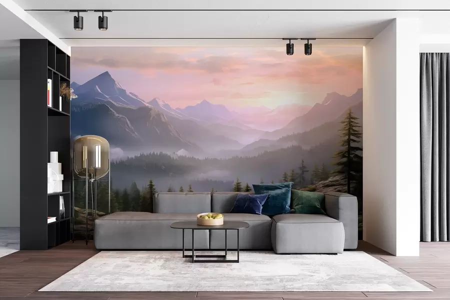 Wall Mural Photo Wallpaper Serene mountain landscape at dawn with soft mist against a forest backdrop w08750