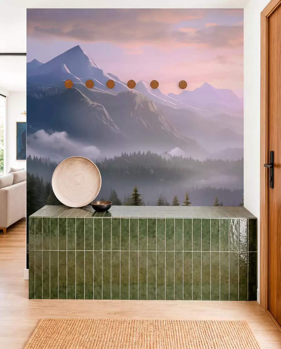 peintures murales Paysage serein de montagne à l'aube avec une douce brume sur fond de forêt w08750