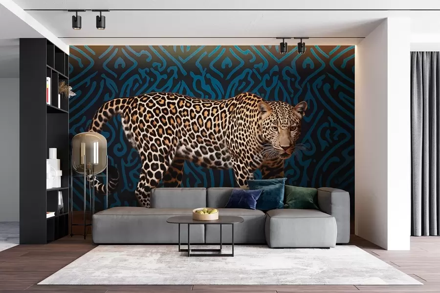 murales Leopardo sobre fondo azul w08754