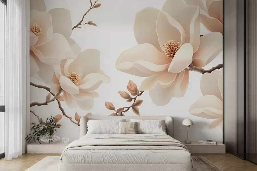murales Ramas de magnolia de color crema sobre fondo blanco w08755