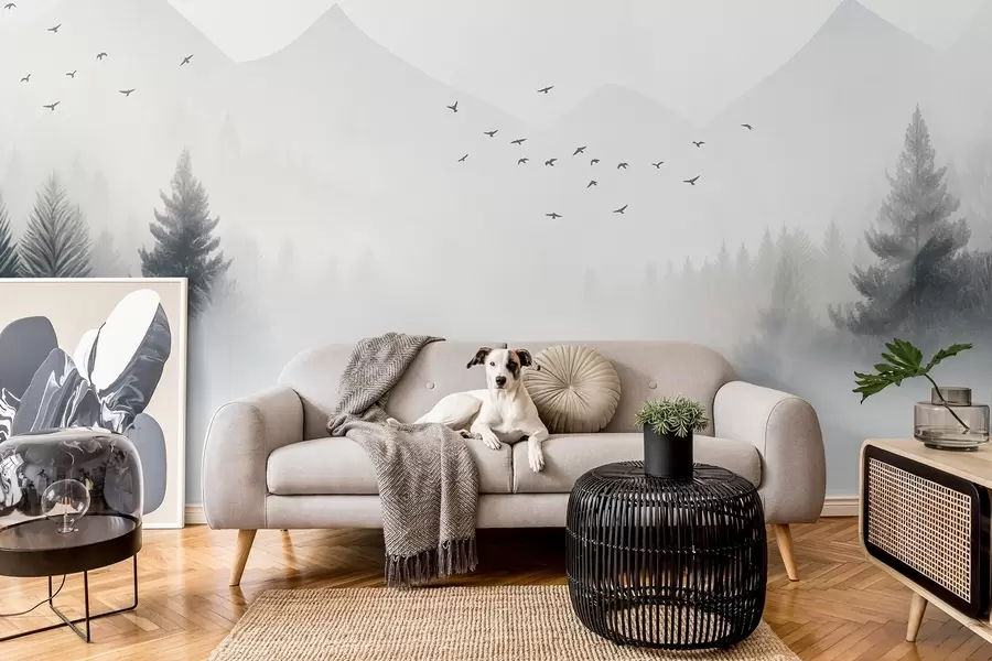 Wall Mural Photo Wallpaper Serene winter forest on a mountainside in shades of white and light gray w08756