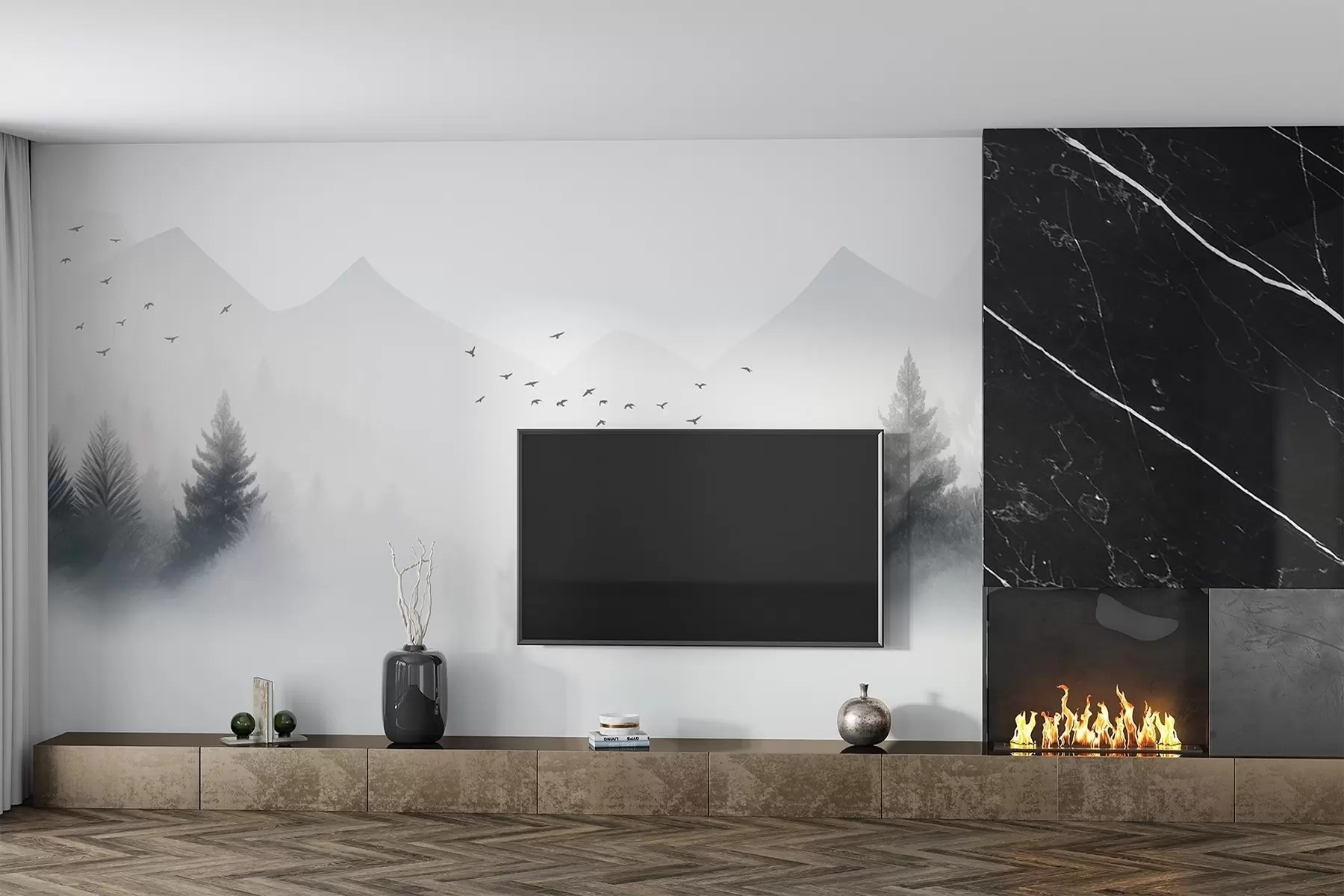 murais de parede Floresta de inverno serena na encosta de uma montanha em tons de branco e cinzento claro w08756