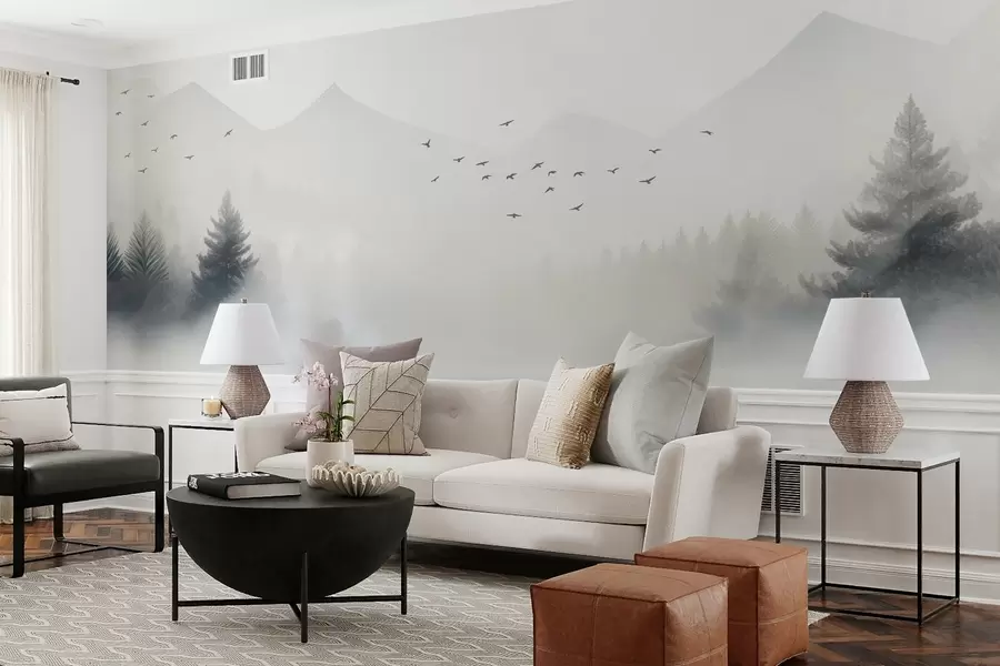 wall murals Serene winter forest on a mountainside in shades of white and light gray w08756