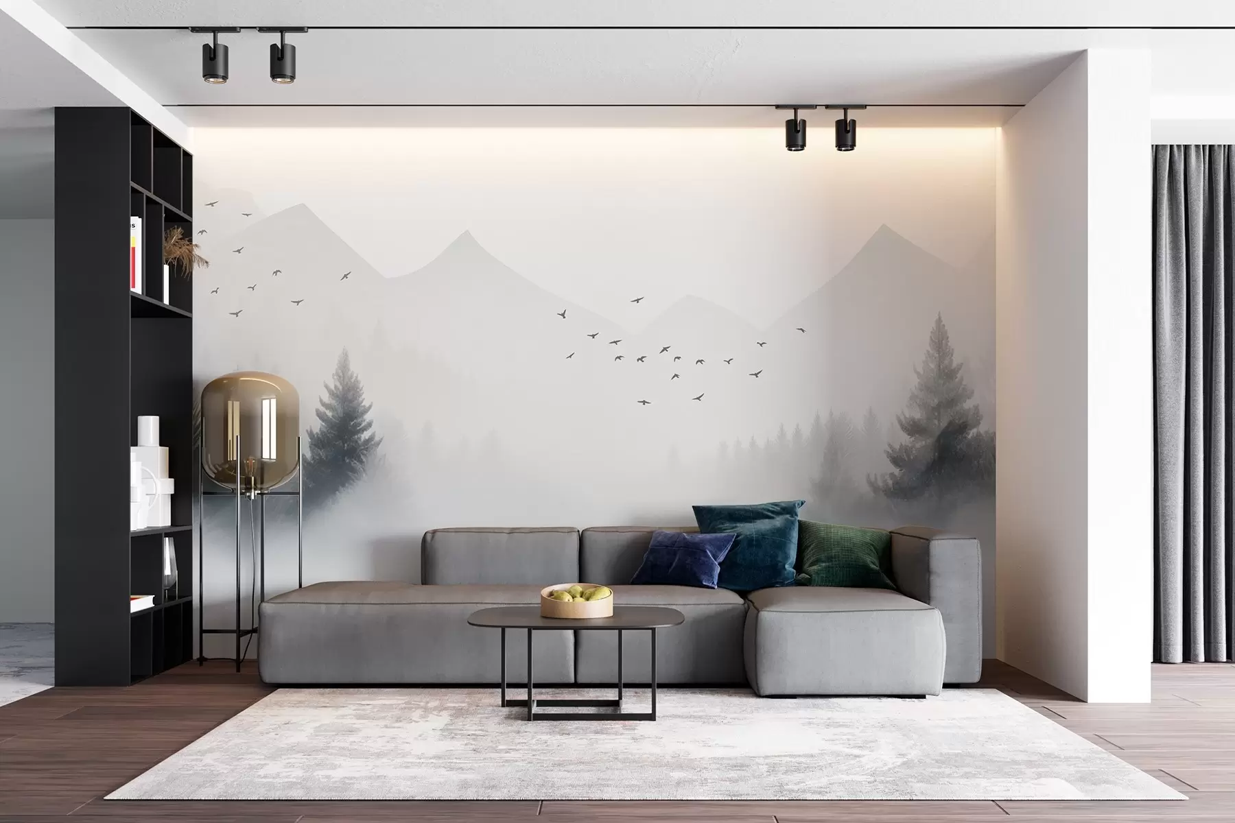 murais de parede Floresta de inverno serena na encosta de uma montanha em tons de branco e cinzento claro w08756