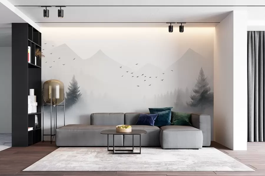 Wall Mural Photo Wallpaper Serene winter forest on a mountainside in shades of white and light gray w08756
