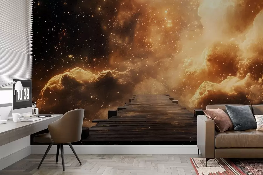 murales Cielo cósmico estrellado amarillo-negro con un muelle de madera w08723