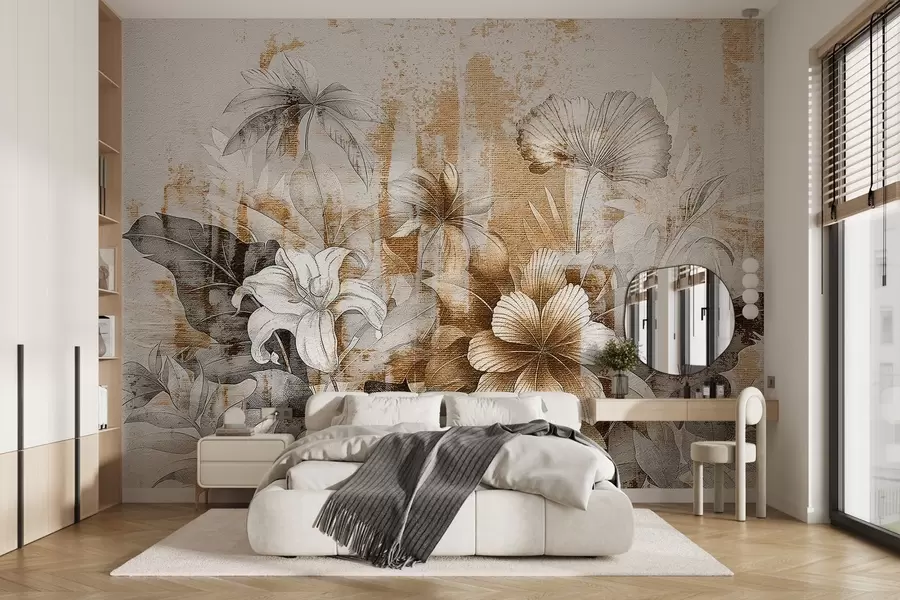 murales Diseño vintage con flores y plantas exóticas w08767