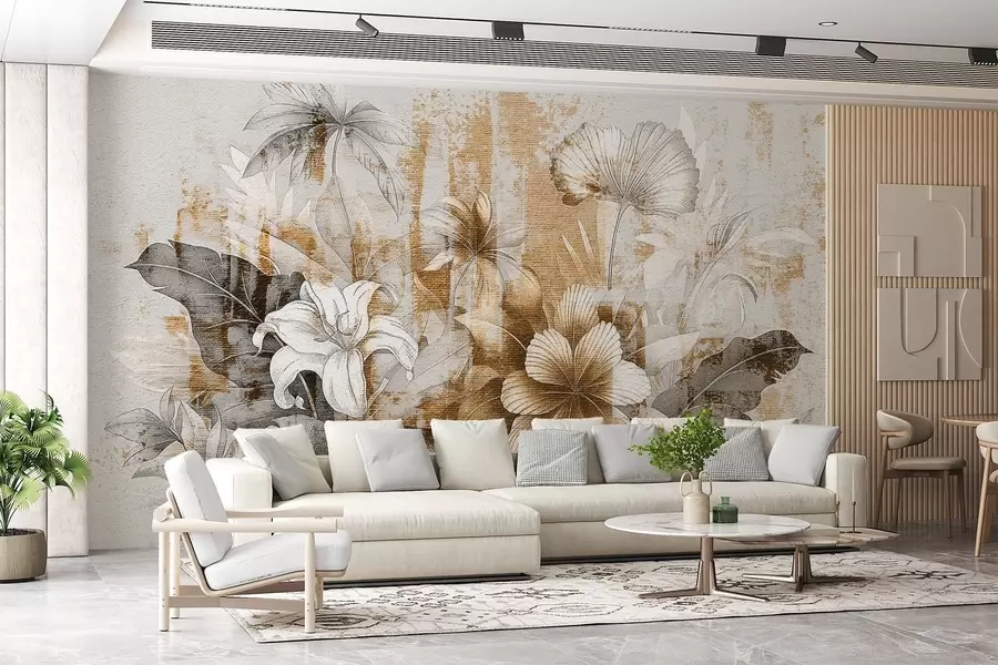 murais de parede Design vintage com flores e plantas exóticas w08767