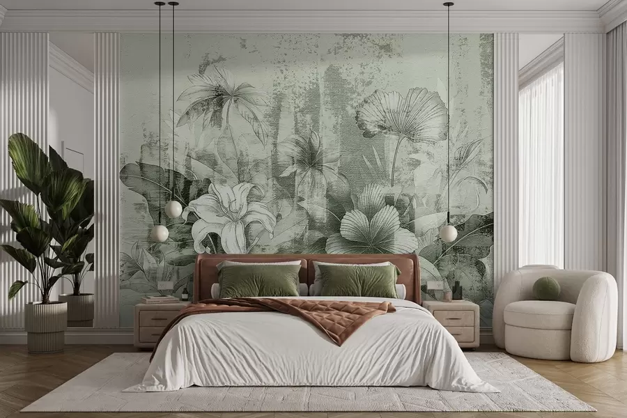 murales Diseño vintage con flores y plantas exóticas w08767v3
