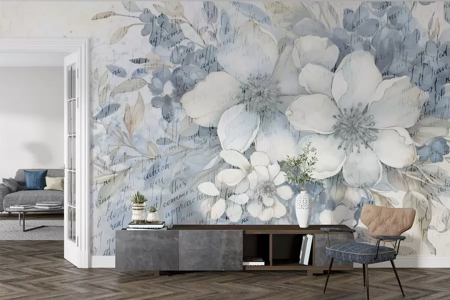 Wall Mural Photo Wallpaper A soft wall imitation textured white and blue flowers, against a pale background with faint handwritten text w08771